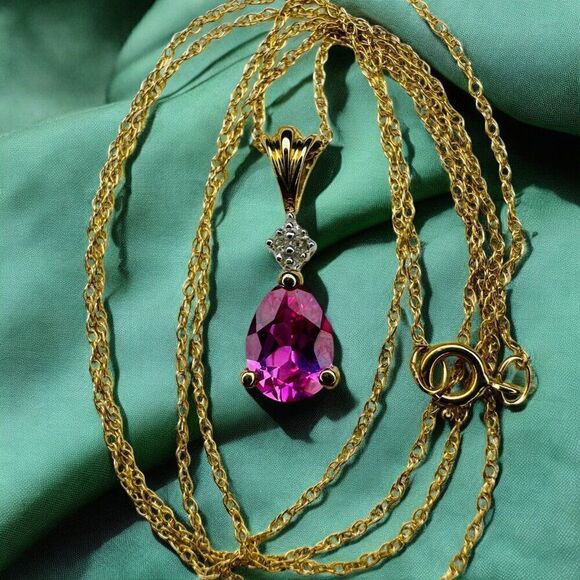 VINTAGE- 10K Gold -Pink Sapphire Diamond Necklace-18"- 1.5cttw - Pear Cut -1.1g - Picture 7 of 16